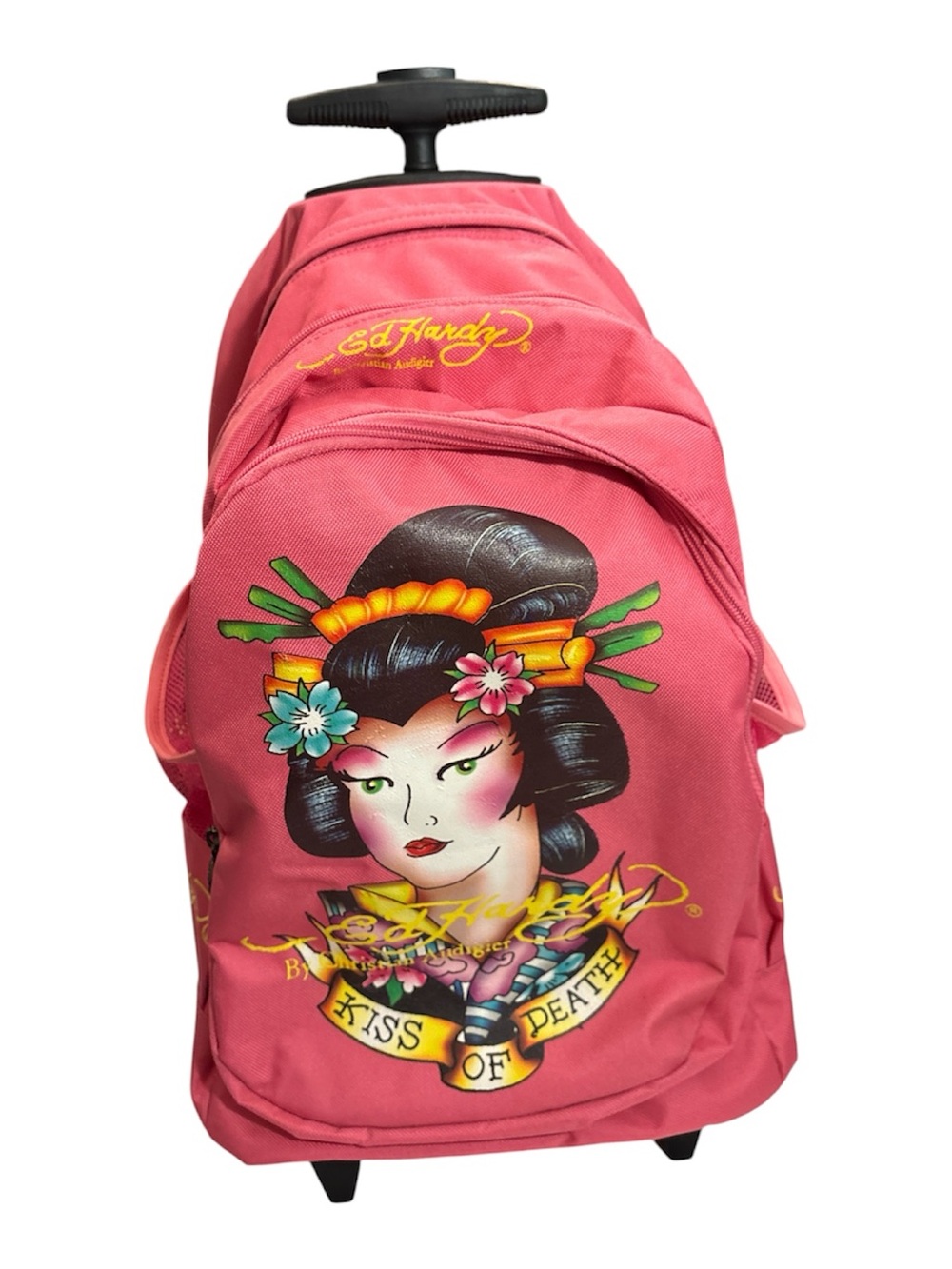 Ed Hardy Pink Geisha Rolling Backpack with Colorful Graphic